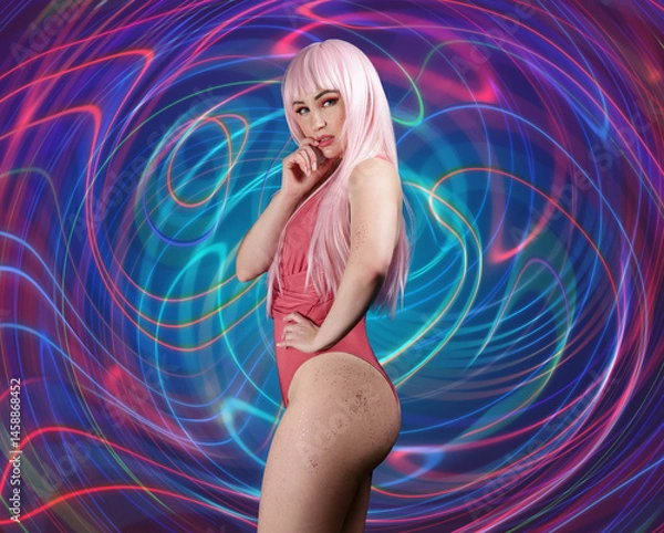 Fototapeta Beautiful blonde posing in a pink bodysuit against the background of abstract figures. Musical cover.