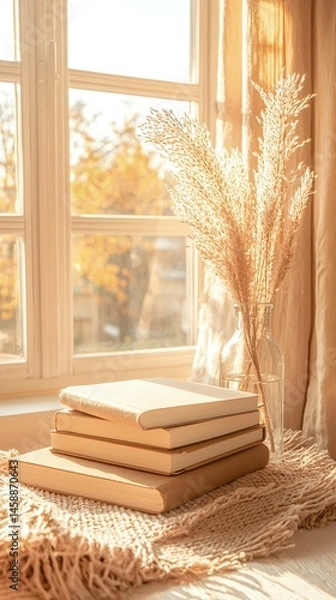 Fototapeta Stack of Beige Books and Pampas Grass on Windowsill in Warm Sunlight