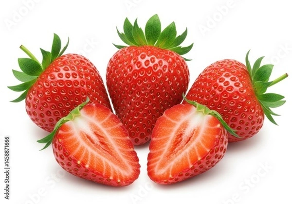 Obraz Fresh strawberries, whole and halved, display their vibrant red color and green stems against a white background