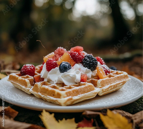 Fototapeta A square waffle with white cream and fruit, placed on an outdoor table at the summer park, On top of the waffle,strawberries, blueberries, grapes, and sliced peaches.