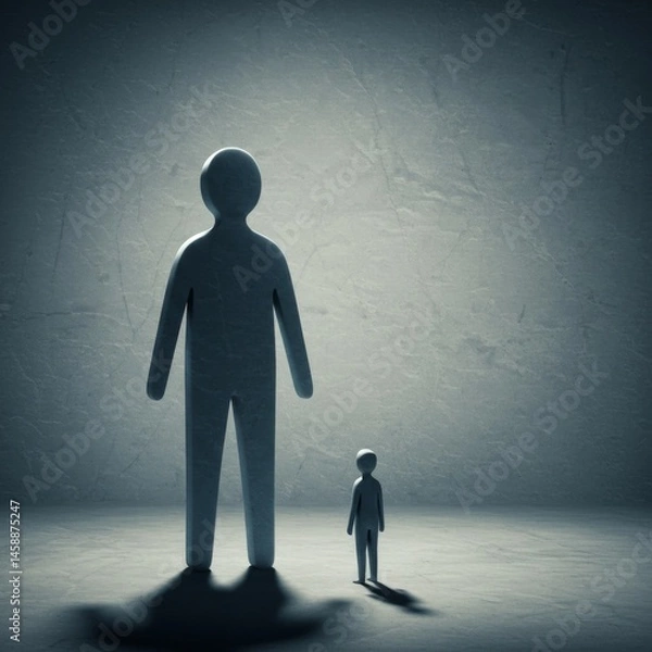 Fototapeta Large and Small Grey Figures in a Dark Room