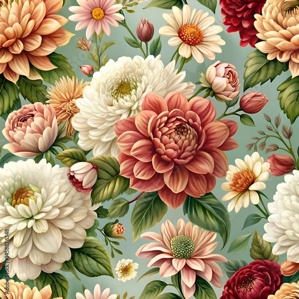 Obraz Vintage Floral Pattern with Dahlias and Chrysanthemums