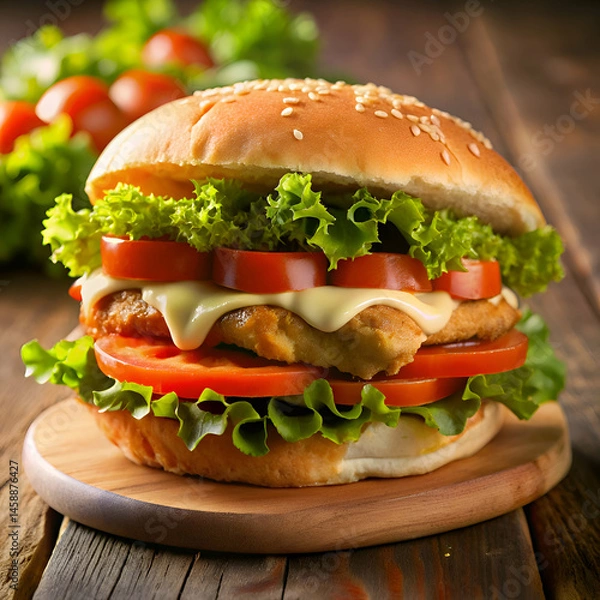 Obraz Juicy Cheeseburger with Lettuce and Tomato. Delicious Fast Food Meal