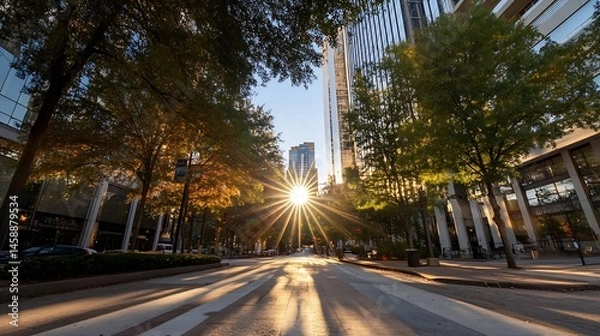 Fototapeta Sun rays burst through trees lining a city street, illuminating modern buildings at sunrise.  Shadows stretch across the pavement, creating a tranquil urban scene. : Generative AI