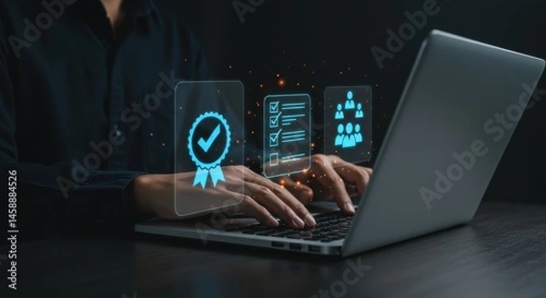 Fototapeta Businessman Using Laptop for Digital Certification, Quality Control and Data Assurance Processes