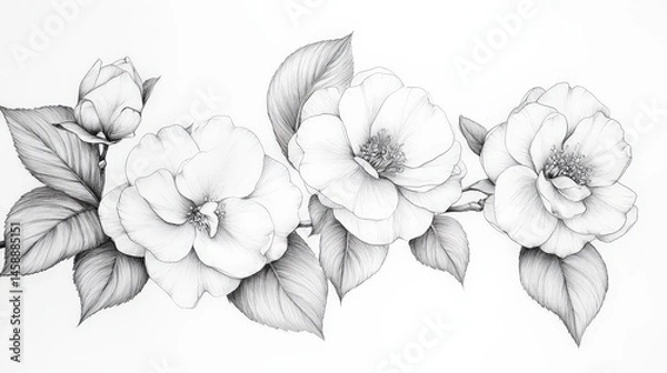 Fototapeta A hand-drawn pencil sketch of Camellia sasanqua flowers, delicately illustrated on white paper, showcasing intricate details of the petals and leaves.