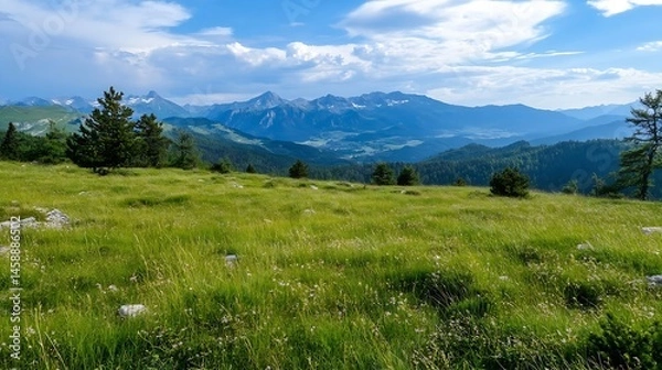 Fototapeta Serene mountain meadow landscape with lush green grass, wildflowers, and distant snow-capped peaks under a partly cloudy sky. : Generative AI