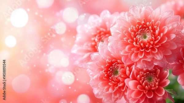 Fototapeta Exquisite coral pink dahlia flowers clustered together create a soft, romantic composition with glitte bokeh highlights and depth of field.