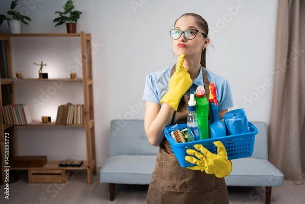 Fototapeta portrait of woman with cleaning basket for home service. Female worker holding product for housekeeping in cleaner uniform with dreamy look, thinking