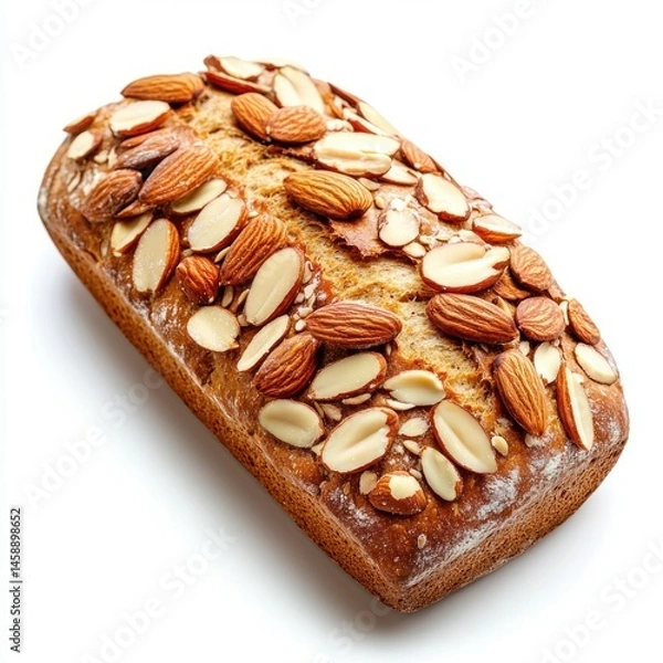 Fototapeta Freshly baked almond bread loaf, adorned with sliced and whole almonds, rests on a pristine white surface, showcasing its golden crust and texture.