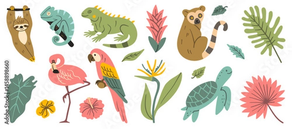 Fototapeta Colorful hand-drawn illustration of exotic animals and tropical plants in doodle pen imitation, featuring sloth, iguana, turtle, flamingo, parrot, chameleon, lemur, and jungle leaves.