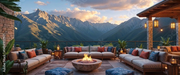 Fototapeta Luxurious outdoor patio with mountain view features fire pit and comfortable seating