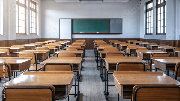 Fototapeta A classroom with empty desks and a blackboard