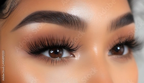Fototapeta Close-up of a woman's eyes with dark brown eyebrows and light gray-colored eyelashes, and brown eye color