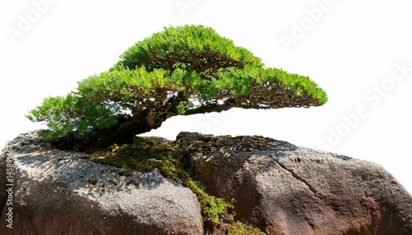 Fototapeta elegant bonsai tree on a rock formation with lush green foliage isolated on transparent background