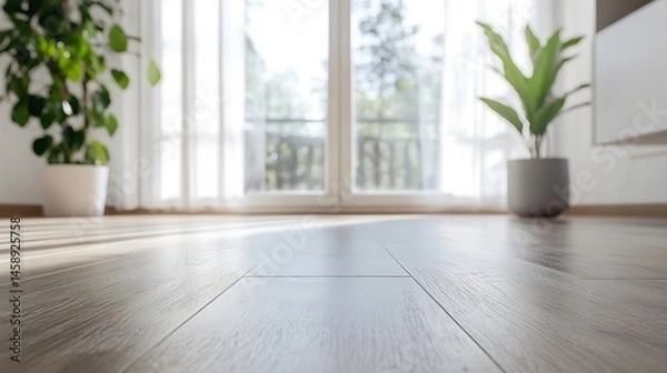 Fototapeta Sunlight streams through sheer curtains onto a light gray wood floor, illuminating the room's modern minimalist interior with potted plants subtly blurred in the background. : Generative AI
