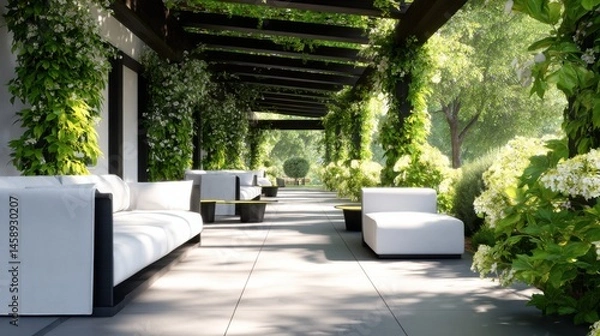 Obraz Modern Outdoor Pergola Design with Lush Greenery