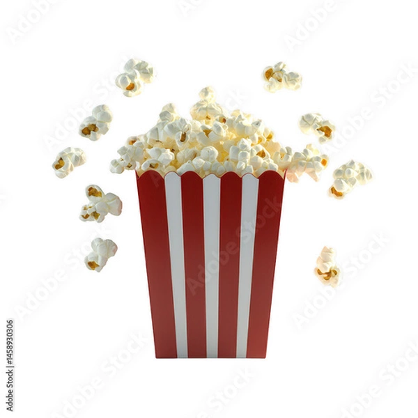 Fototapeta A vibrant and enticing bucket of popcorn overflowing with fluffy, white popcorn kernels against a clean, white background.