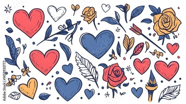 Fototapeta Illustrated Floral Pattern with Decorative Hearts and Leaves
