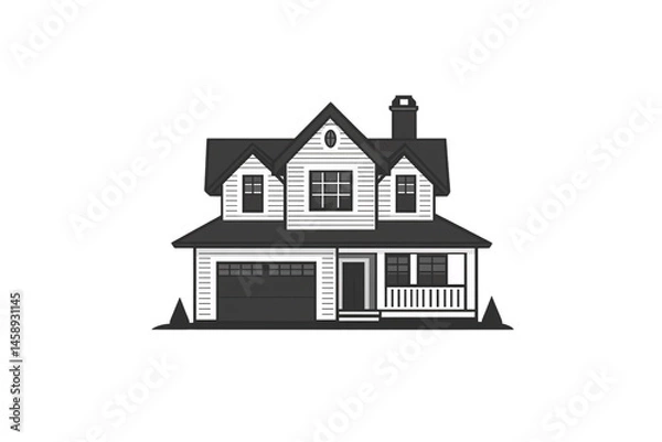 Fototapeta Spacious suburban-style home with garage, front porch, multiple gables, and large second-story windows, isolated on a transparent background