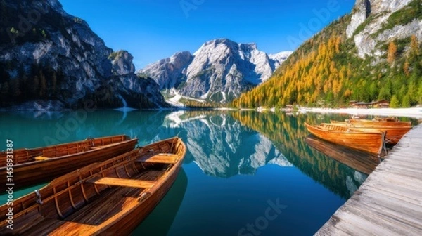 Obraz Serene Alpine Lake with Wooden Boats and Autumn Colors