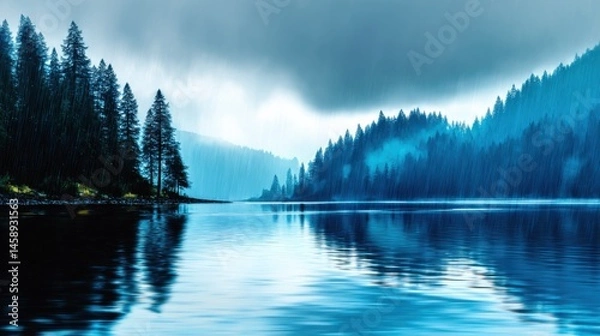 Obraz Serene Rainstorm Over a Misty Lake and Forest