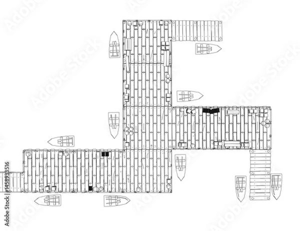 Fototapeta A drawing of a long wooden docks with a boat in the middle. The boat is surrounded by other boats and the structure is made of wood