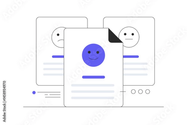 Fototapeta Customer Feedback. User's Comment or Satisfaction Level. Portraits of three people and evaluation stars below. Client's Review. Flat Cartoon Vector Illustration, icon. Stylish abstract design landing 