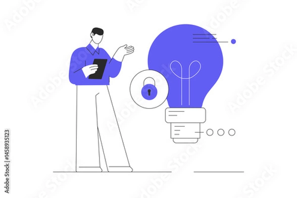Fototapeta Businessman stand beside locked bright lightbulb symbolizing intellectual property protection. Flat Cartoon Vector Illustration, icon. Stylish abstract design landing page