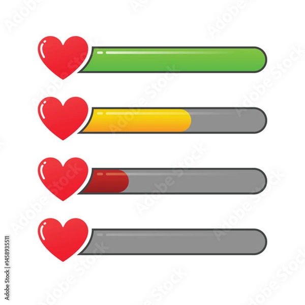 Fototapeta Heart Health Bar Level Indicators. heart shape health bars commonly used in games to represent player health or life status