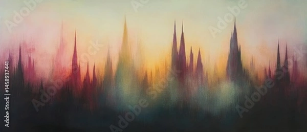 Obraz A painting of a forest with a sunset in the background