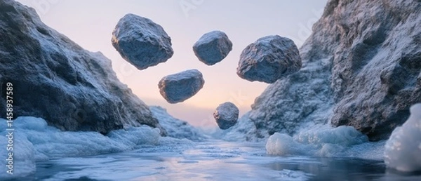 Fototapeta A series of rocks are floating in the air above a frozen river