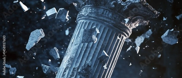 Fototapeta A pillar is shown in a shattered state, with the rubble surrounding it