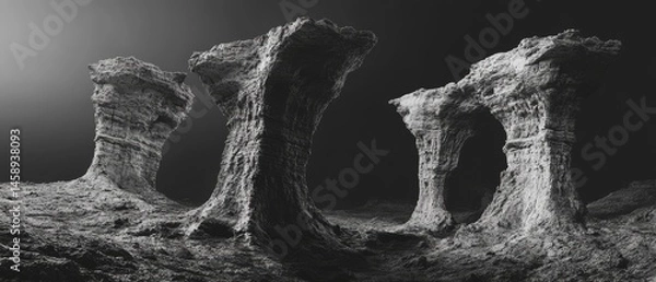 Obraz A black and white photo of a rocky landscape with four large rocks