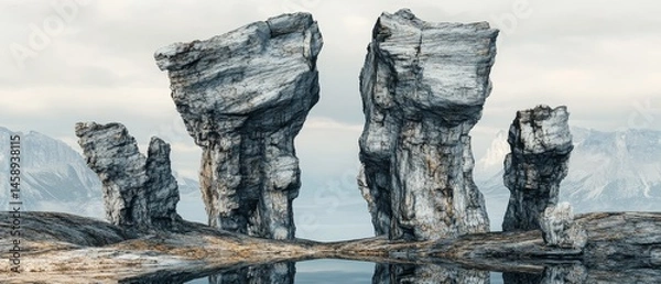 Obraz A group of large rocks are in front of a body of water