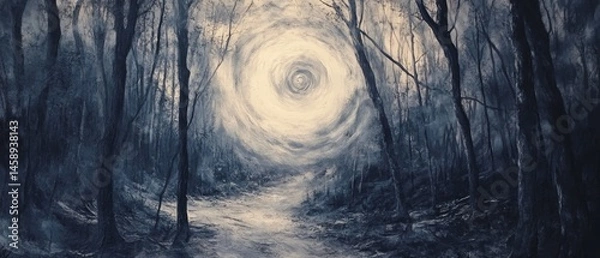 Fototapeta A painting of a forest with a large white circle in the middle