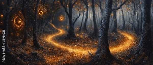 Fototapeta A painting of a forest with a glowing path