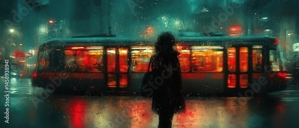 Obraz Rainy night tram stop solitude