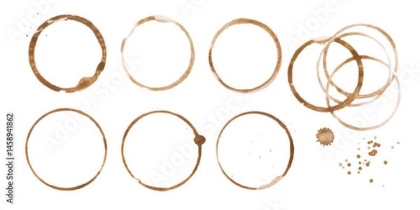Fototapeta Coffee or tea stain drink cup rings vector illustration set isolated on white background. Coffee stain marks ring cup spot trace. Brown round splashes of drink collection.