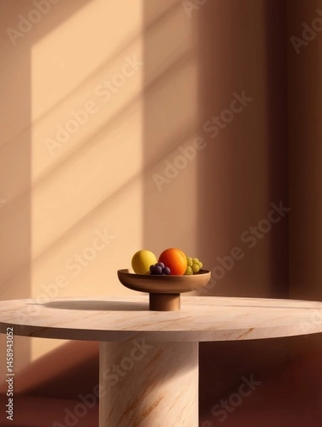 Fototapeta A serene still life featuring a bowl of colorful fruits on a marble table in soft lighting