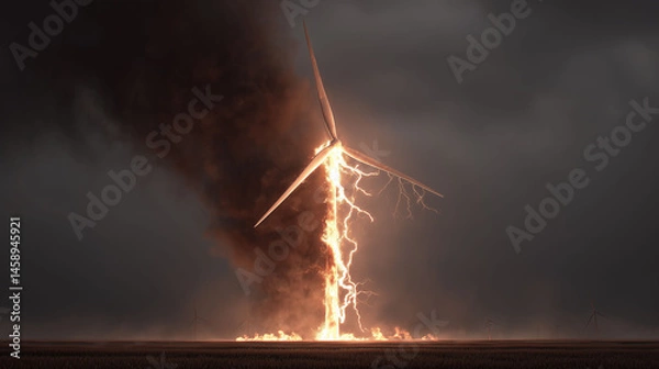 Fototapeta Wind turbine on fire during thunderstorm lightning under cloudy sky impact of climate change on green energy