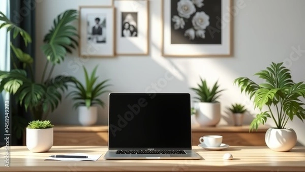 Fototapeta A laptop on a desk with a cup of coffee nearby