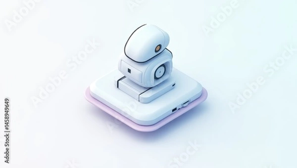 Fototapeta Trinka AI. Robot sits alone. Isolated 2D Isometric Illustration. Lonely small white robot sits atop phone, emphasizing its social isolation and technological dependence.