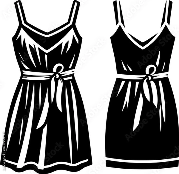 Fototapeta Two black dresses with straps and a tie around the waist on a white background in a vector style