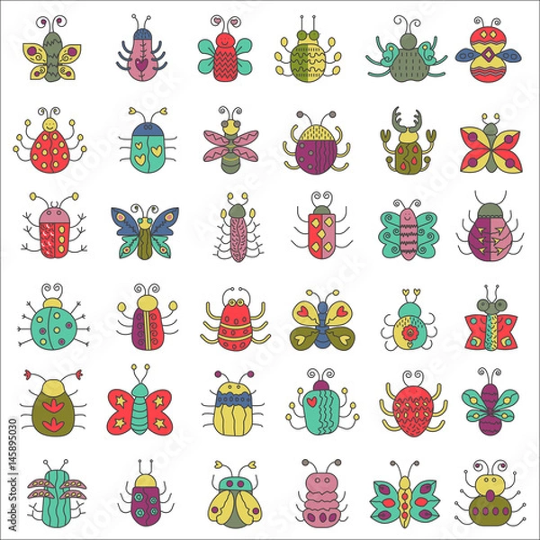 Fototapeta Color flat line insects icons set. Butterfly, bugs collection.