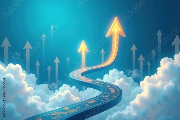 Fototapeta Abstract road. Sky arrows. Neon glow. Clouds background. Upward movement. Growth concept. Success path. Digital art. Futuristic design. Blue mood. Business theme. Inspiration idea. Navigation symbol.