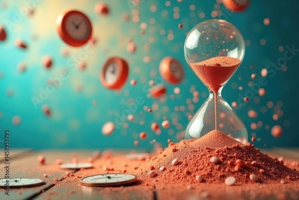 Fototapeta Hourglass concept. Time passing. Sand flowing. Clock elements. Blue background. Close-up shot. Symbolic image. Patience idea. Business theme. Presentation asset. Website graphic. Article illustration