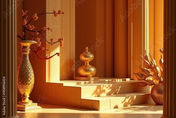 Fototapeta Warm ambiance. Vintage decor. Golden vase. Ornamental branch. Sunlit stairs. Cozy interior. Elegant mood. Subtle shadow. Artistic composition. Home background. Lifestyle visual. Luxury setting. Rusti