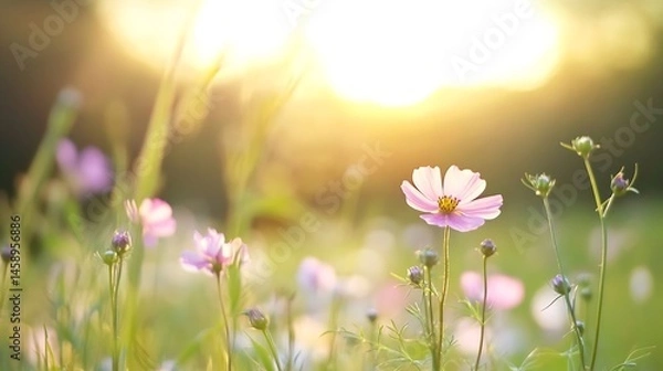 Fototapeta Soft pink cosmos flowers bathed in warm sunset light, gently swaying in a field of green, creating a serene and peaceful atmosphere. : Generative AI
