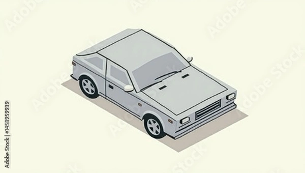 Fototapeta Isometric car. Retro silver compact car, angled front view, isolated on light background, perfect for vintage automobile advertisements, transportation themes, or classic vehicle collections, minimal